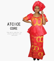 African Dress For Women Bazin Riche Embroidery Design Top Wrapper With Scarf - Free Delivery Worldwide only at Flexi Africa