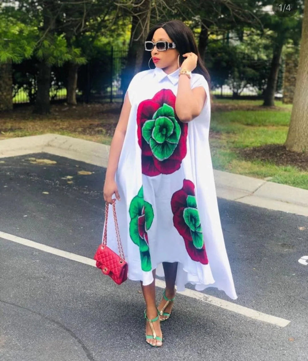 African Dresses for Women 2024 New African Clothes White Print Traditional Robe Africa Long Dress - Free Delivery Worldwide only at Flexi Africa