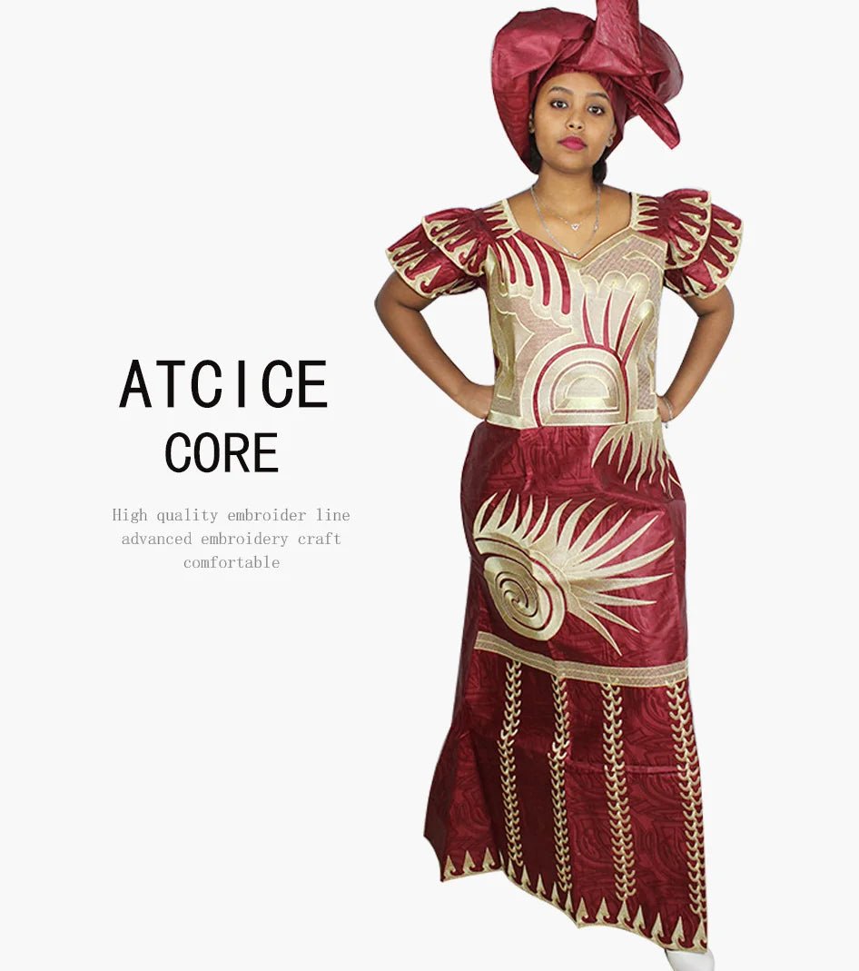 African Dresses for Women – Fashionable Long Dress with Embroidery Design & Matching Scarf - Free Delivery Worldwide only at Flexi Africa