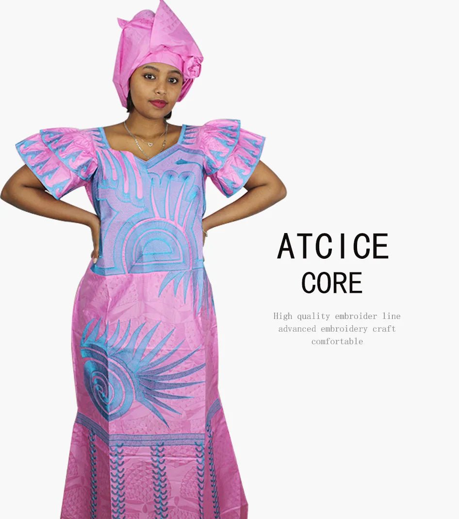 African Dresses for Women – Fashionable Long Dress with Embroidery Design & Matching Scarf - Free Delivery Worldwide only at Flexi Africa