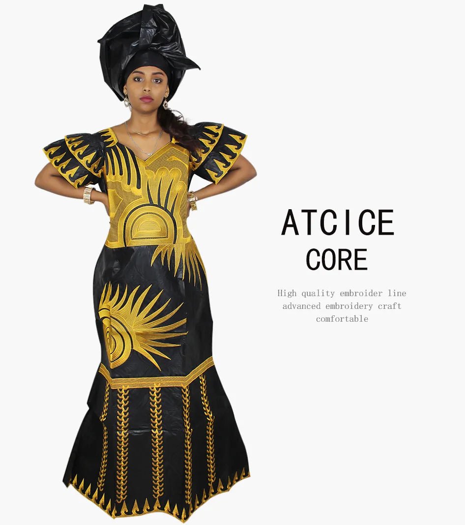 African Dresses for Women – Fashionable Long Dress with Embroidery Design & Matching Scarf - Free Delivery Worldwide only at Flexi Africa