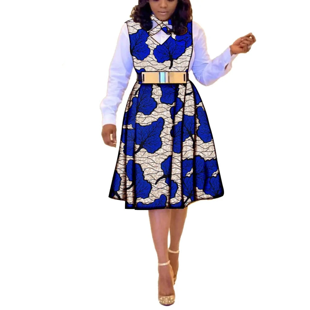 African Dresses for Women Match Print Bow Tie V - Neck Sleeve African Clothes Ankara Print Outfits Plus Size Bazin Riche S2025041 - Free Delivery Worldwide only at Flexi Africa
