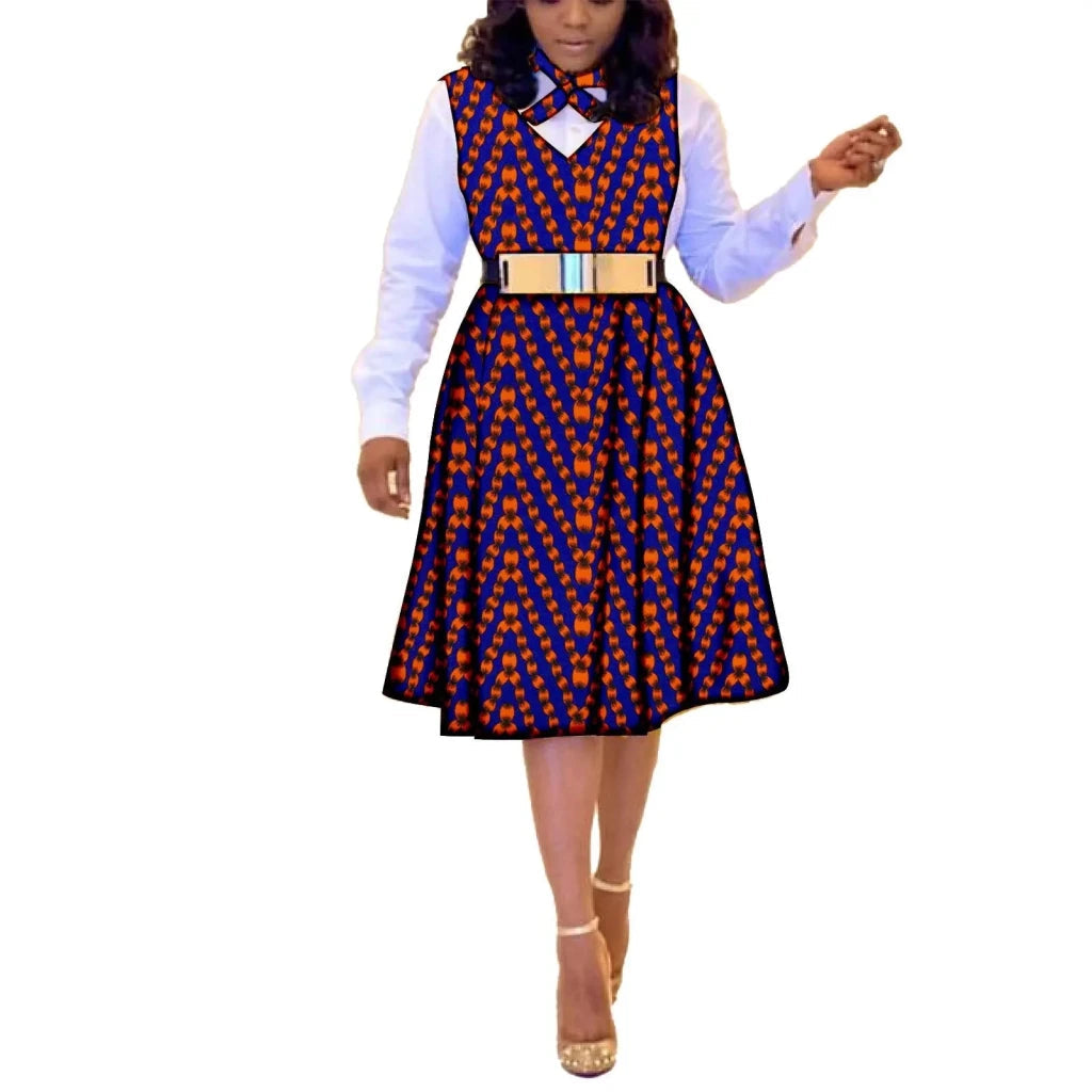 African Dresses for Women Match Print Bow Tie V - Neck Sleeve African Clothes Ankara Print Outfits Plus Size Bazin Riche S2025041 - Free Delivery Worldwide only at Flexi Africa