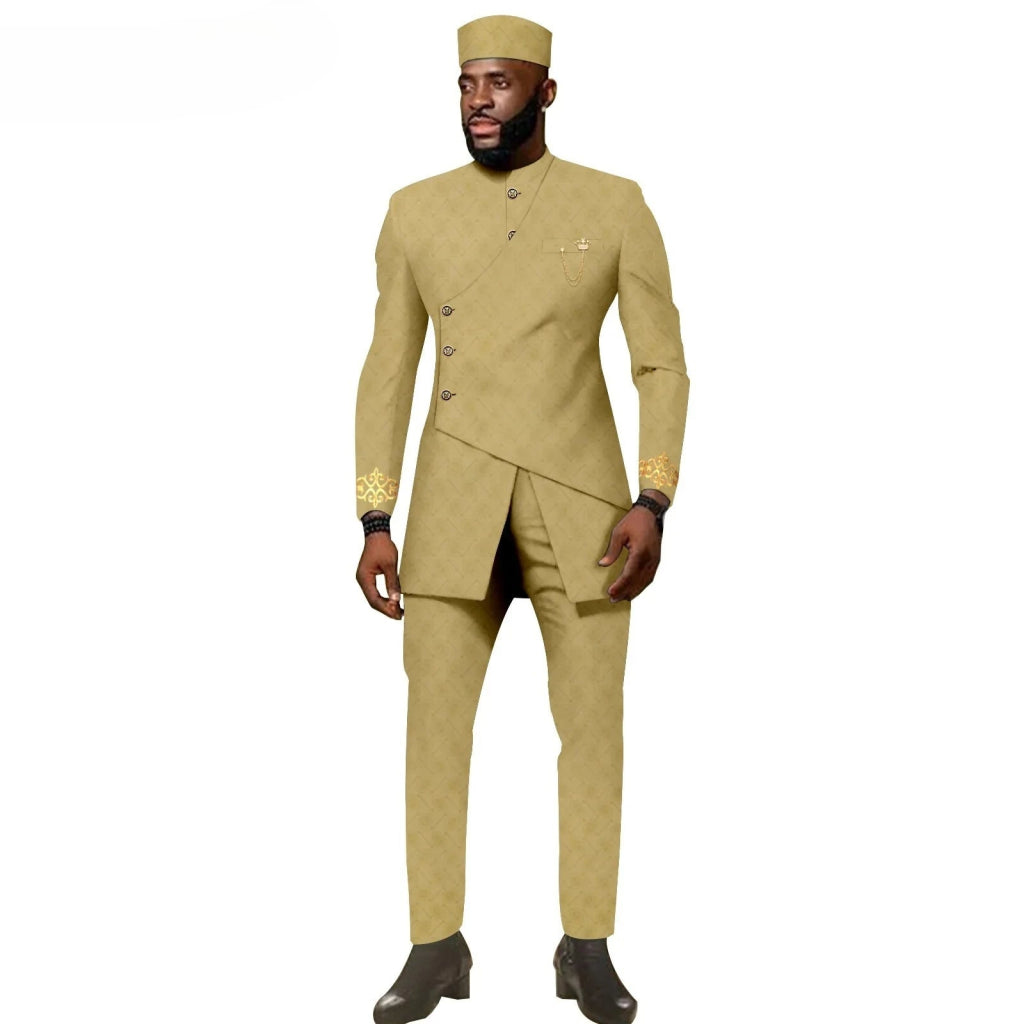 African Ethnic New Men's Casual Suit - Refined and Fitted Style - Party Dress - Fashionable Men's Clothing (Top + Pants + Hat) - Free Delivery Worldwide only at Flexi Africa