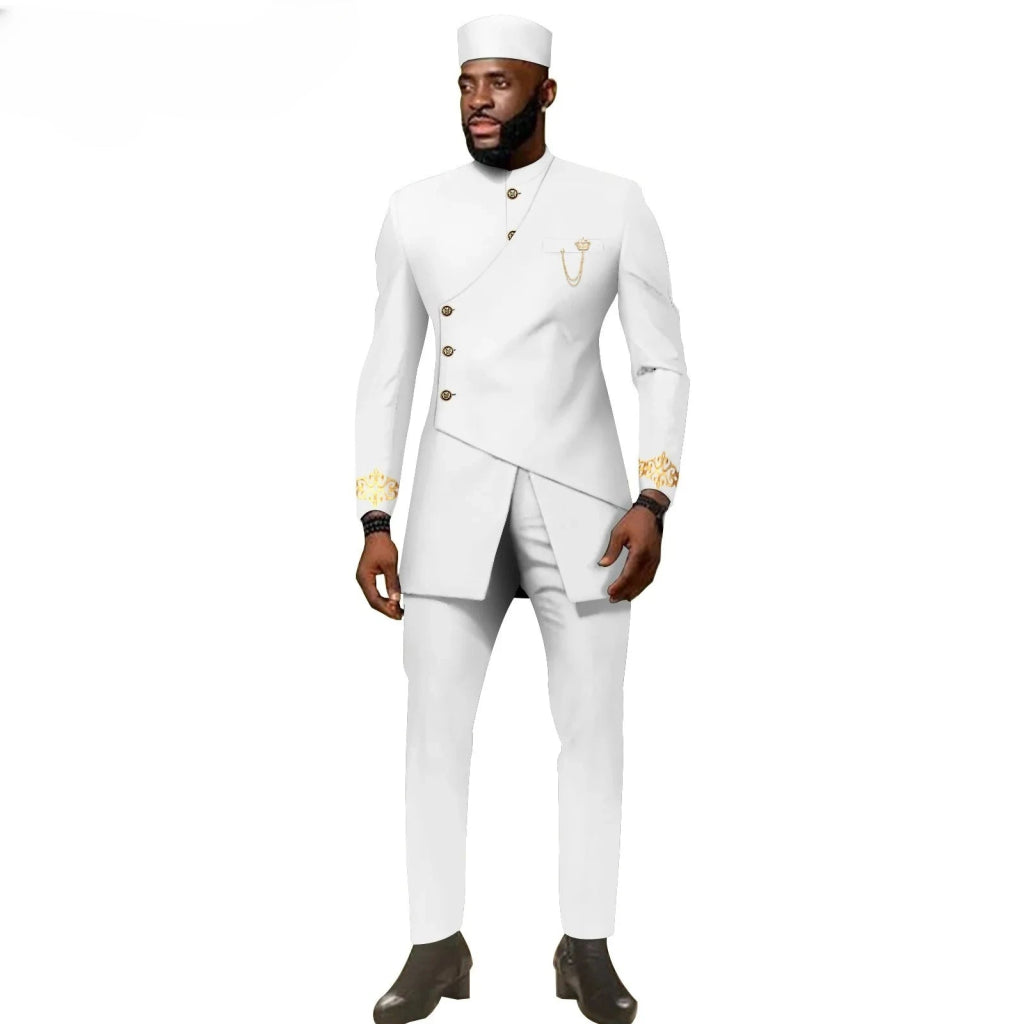 African Ethnic New Men's Casual Suit - Refined and Fitted Style - Party Dress - Fashionable Men's Clothing (Top + Pants + Hat) - Free Delivery Worldwide only at Flexi Africa
