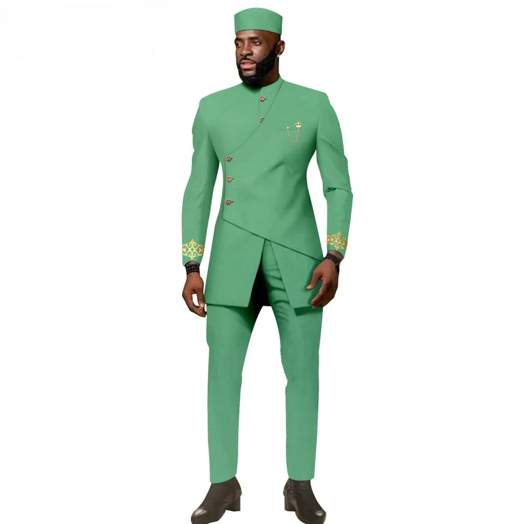 African Ethnic New Men's Casual Suit - Refined and Fitted Style - Party Dress - Fashionable Men's Clothing (Top + Pants + Hat) - Free Delivery Worldwide only at Flexi Africa