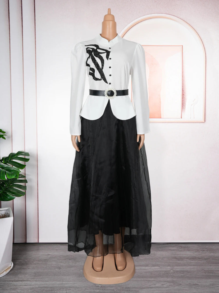 African Fashion Plus Size Long Sleeve Dress – Elegant Gauze Gown for Weddings and Daily Wear - Free Delivery Worldwide only at Flexi Africa