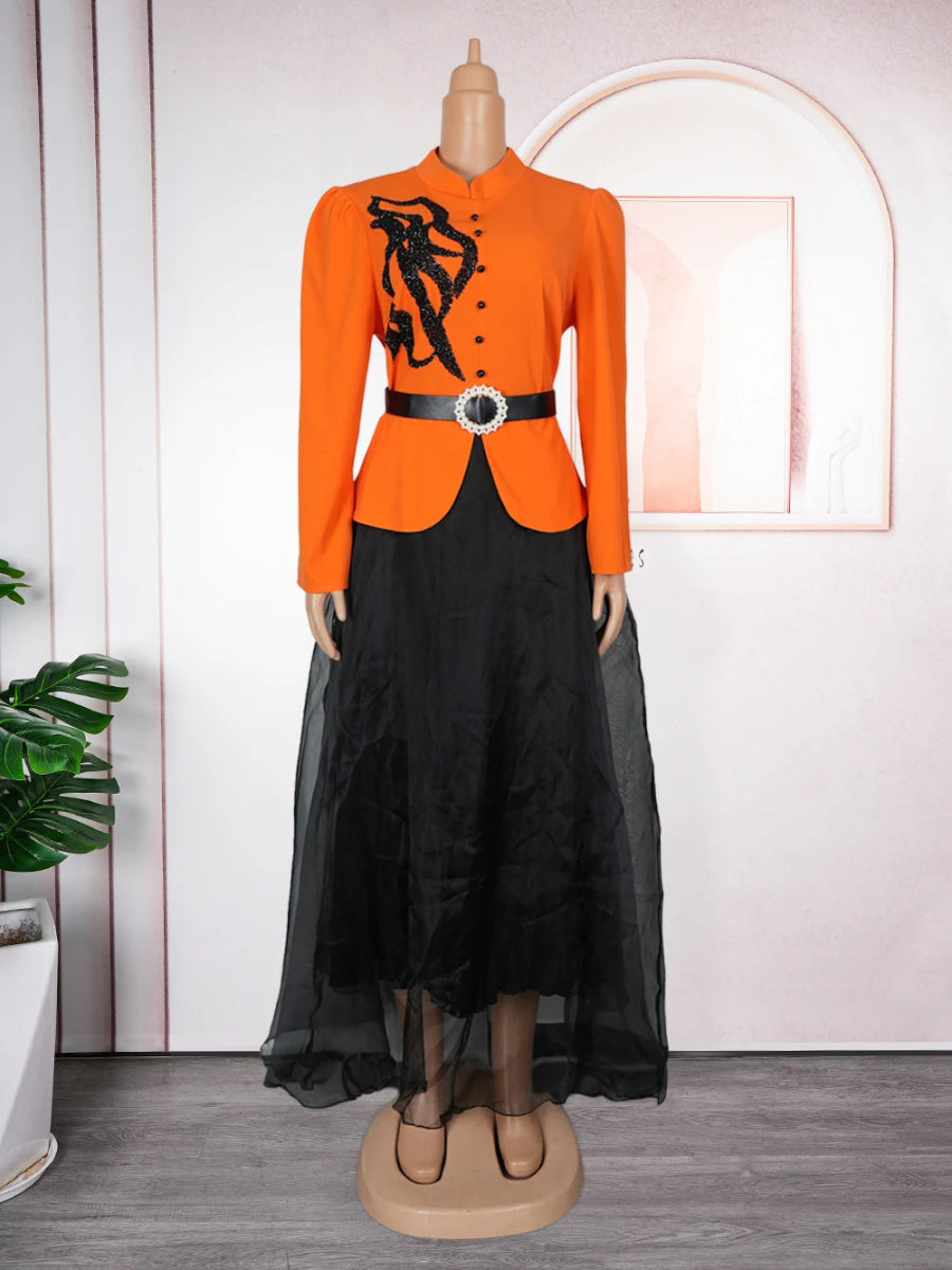 African Fashion Plus Size Long Sleeve Dress – Elegant Gauze Gown for Weddings and Daily Wear - Free Delivery Worldwide only at Flexi Africa