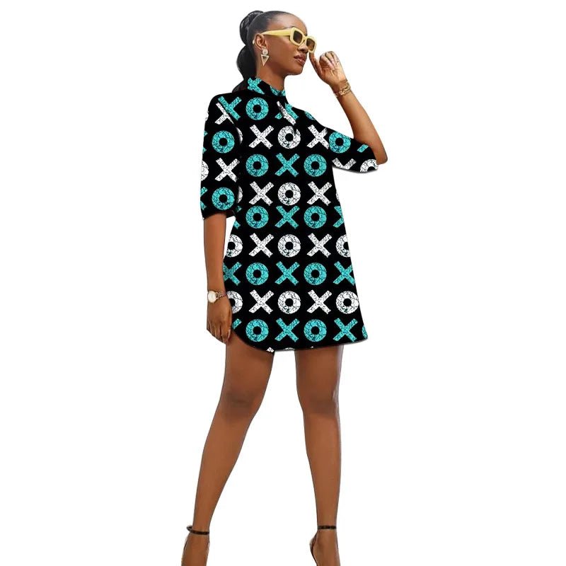 African Fashion Turn Down Collar Dress Customized Women's Ankara Outfit Colorful Print Female Wedding Wear - Free Delivery Worldwide only at Flexi Africa