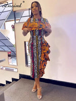 African Festival Print Midi Dress – Elegant Short Sleeve Ruffle Bodycon Summer Outfit - Free Delivery Worldwide only at Flexi Africa