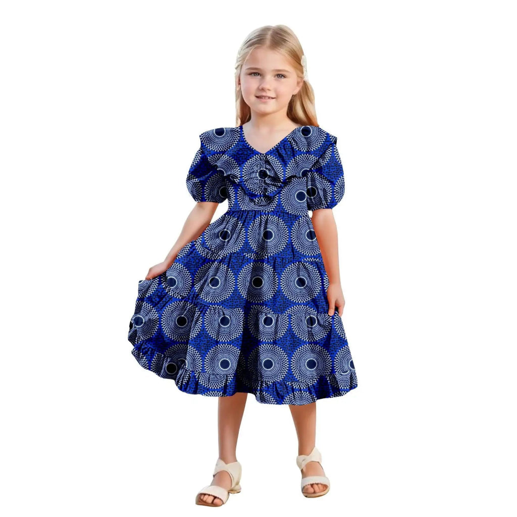 African Girls’ Ankara Print Dress with Double Ruffle Collar – Bazin Riche Children’s Party Dress - Free Delivery Worldwide only at Flexi Africa