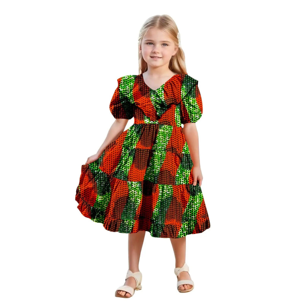 African Girls’ Ankara Print Dress with Double Ruffle Collar – Bazin Riche Children’s Party Dress - Free Delivery Worldwide only at Flexi Africa
