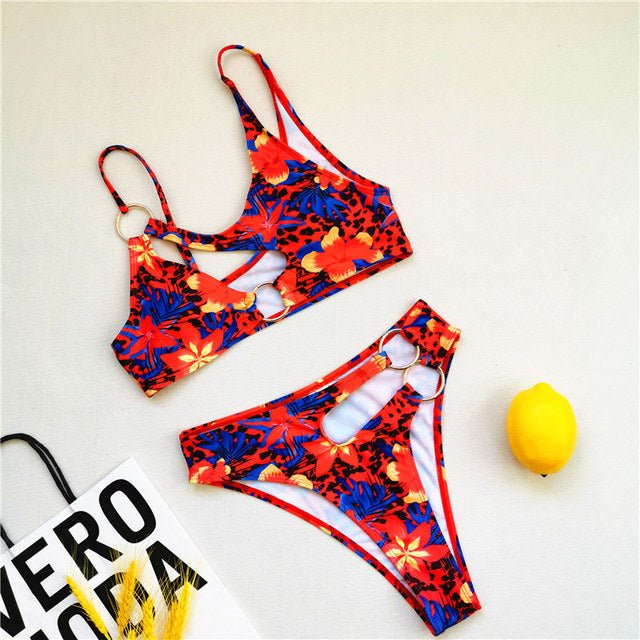 African-Inspired Floral Bikini: Sexy Cut-Outs and Chain Ring for a Bold Swimwear Look - Flexi Africa - Flexi Africa offers Free Delivery Worldwide - Vibrant African traditional clothing showcasing bold prints and intricate designs