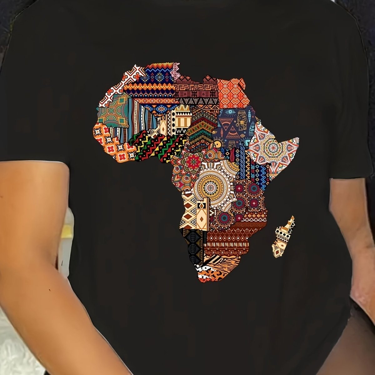 African - Inspired Patterned T-Shirt for Women, Crew Neck Short Sleeve Top, Casual Loose Fit, Summer & Spring Fashion,