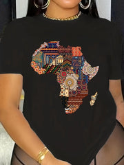 African - Inspired Patterned T-Shirt for Women, Crew Neck Short Sleeve Top, Casual Loose Fit, Summer & Spring Fashion,
