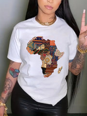 African - Inspired Patterned T-Shirt for Women, Crew Neck Short Sleeve Top, Casual Loose Fit, Summer & Spring Fashion,