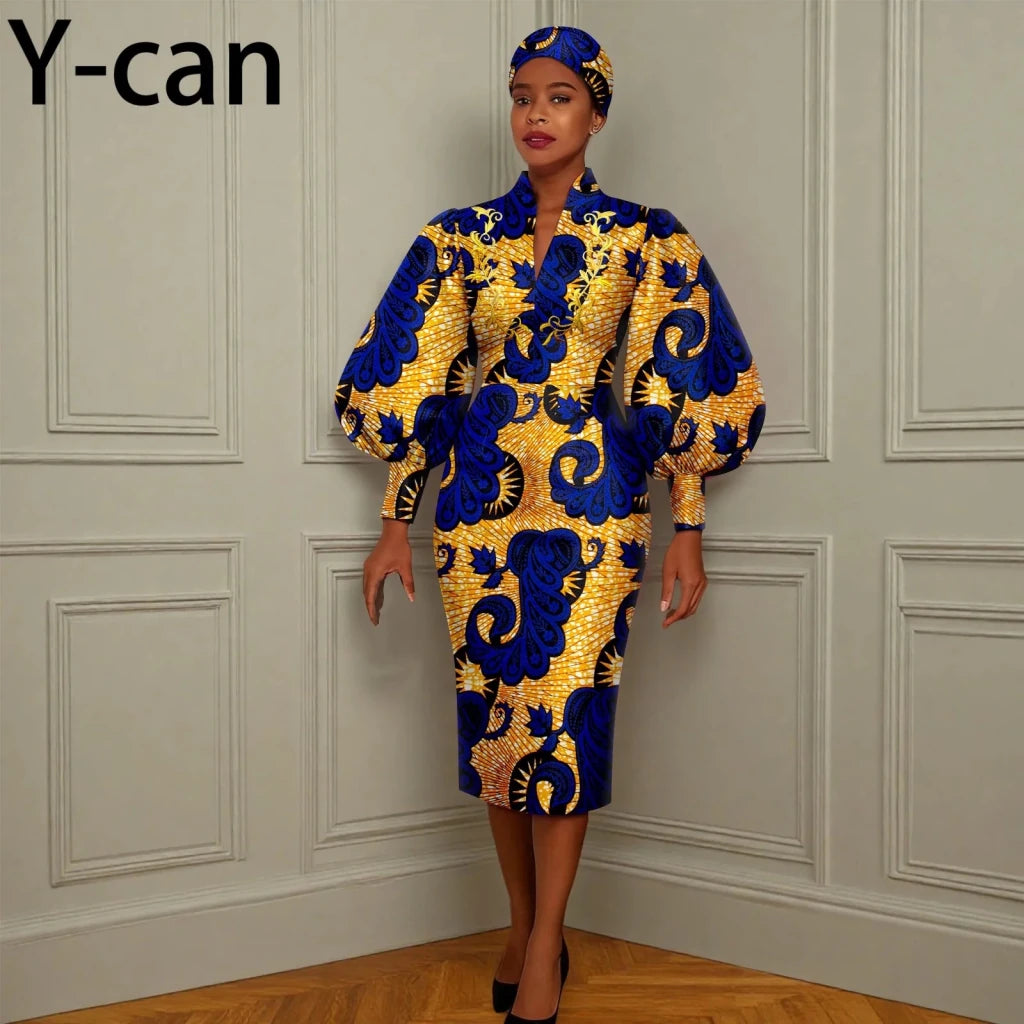 African Long Party Dress for Women – Puff Sleeve V - Neck Slim Dress Free Delivery Worldwide only at Flexi Africa