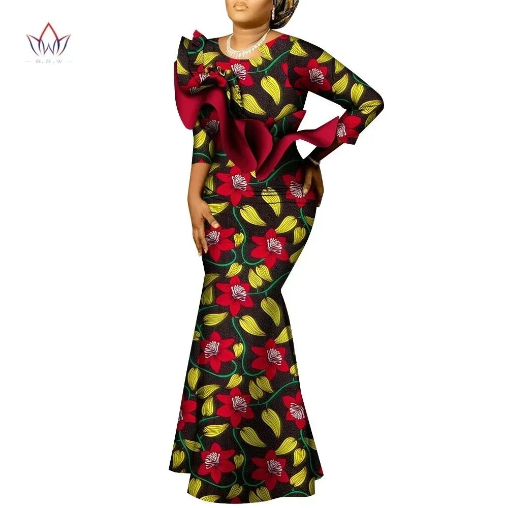 African Maxi Dress – Bazin Riche Cotton Wax Print, Nine - Point Sleeve Long Gown - Free Delivery Worldwide only at Flexi Africa