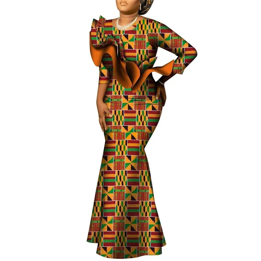 African Maxi Dress – Bazin Riche Cotton Wax Print, Nine - Point Sleeve Long Gown - Free Delivery Worldwide only at Flexi Africa