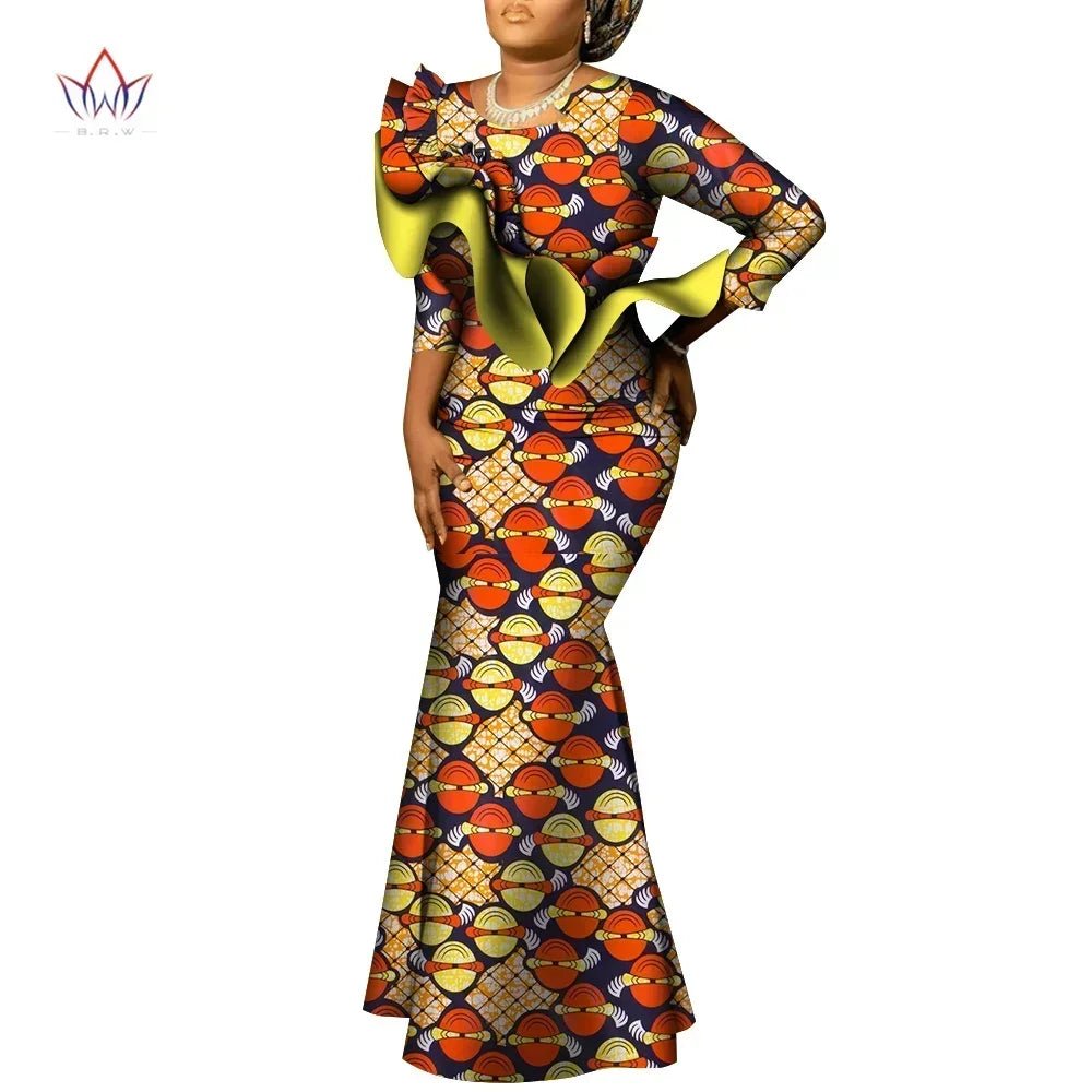 African Maxi Dress – Bazin Riche Cotton Wax Print, Nine - Point Sleeve Long Gown - Free Delivery Worldwide only at Flexi Africa