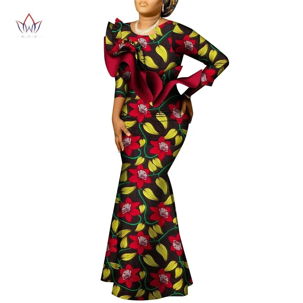 African Maxi Dress – Bazin Riche Cotton Wax Print, Nine - Point Sleeve Long Gown - Free Delivery Worldwide only at Flexi Africa
