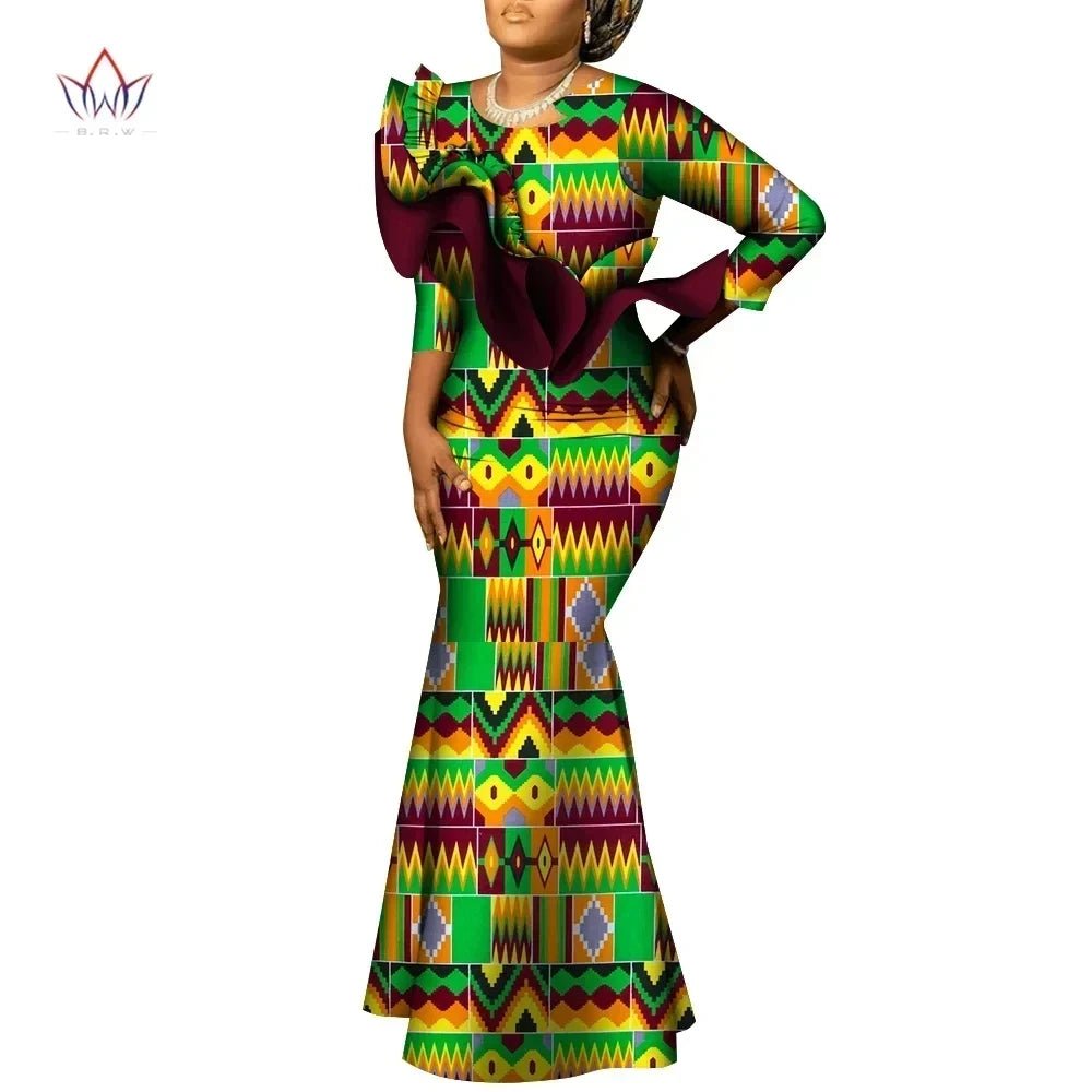 African Maxi Dress – Bazin Riche Cotton Wax Print, Nine - Point Sleeve Long Gown - Free Delivery Worldwide only at Flexi Africa