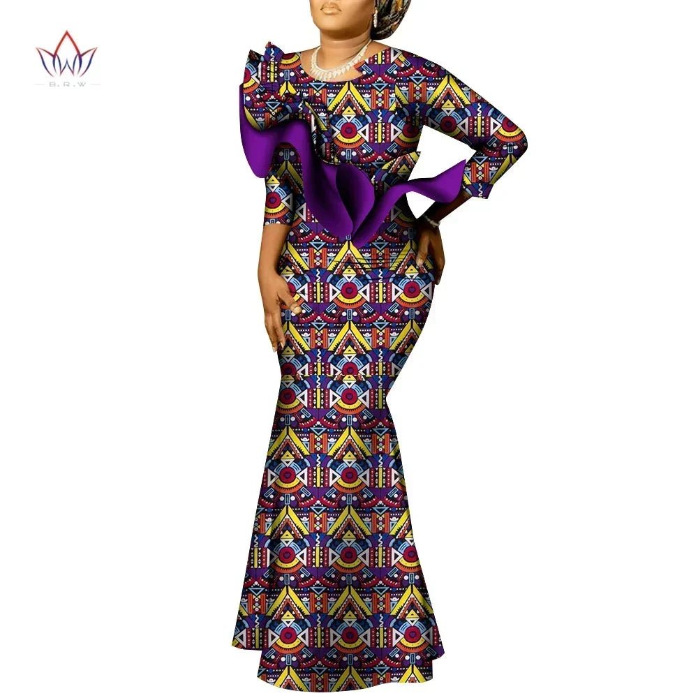 African Maxi Dress – Bazin Riche Cotton Wax Print, Nine - Point Sleeve Long Gown - Free Delivery Worldwide only at Flexi Africa