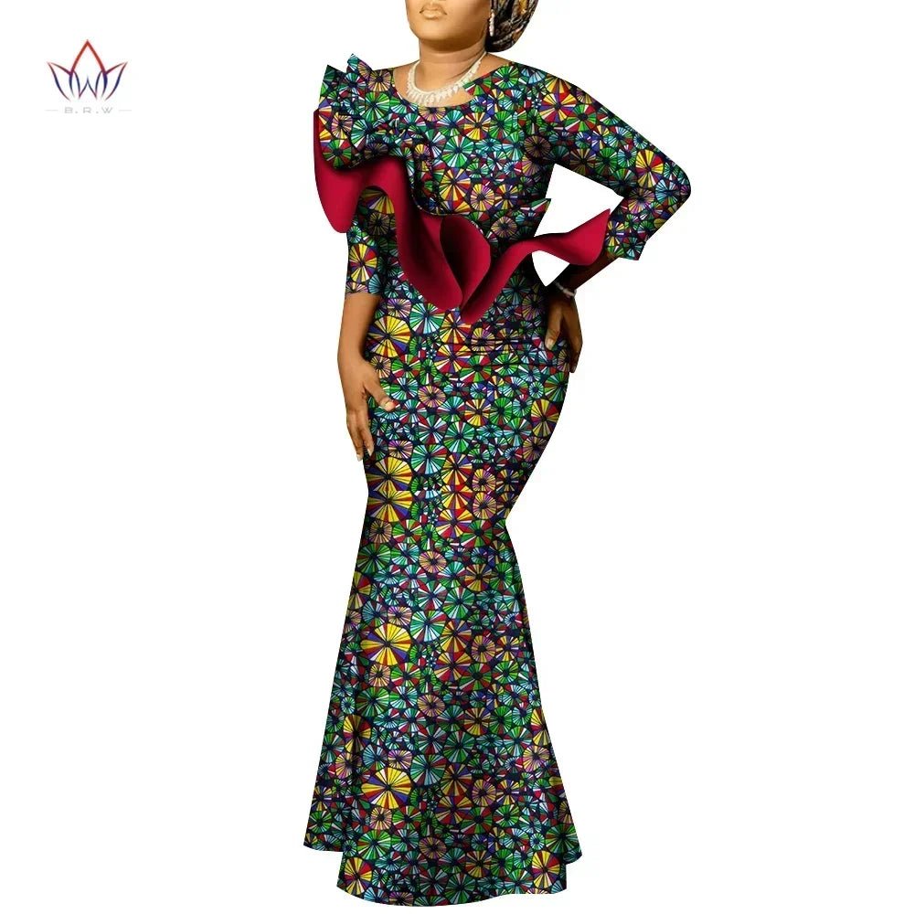 African Maxi Dress – Bazin Riche Cotton Wax Print, Nine - Point Sleeve Long Gown - Free Delivery Worldwide only at Flexi Africa