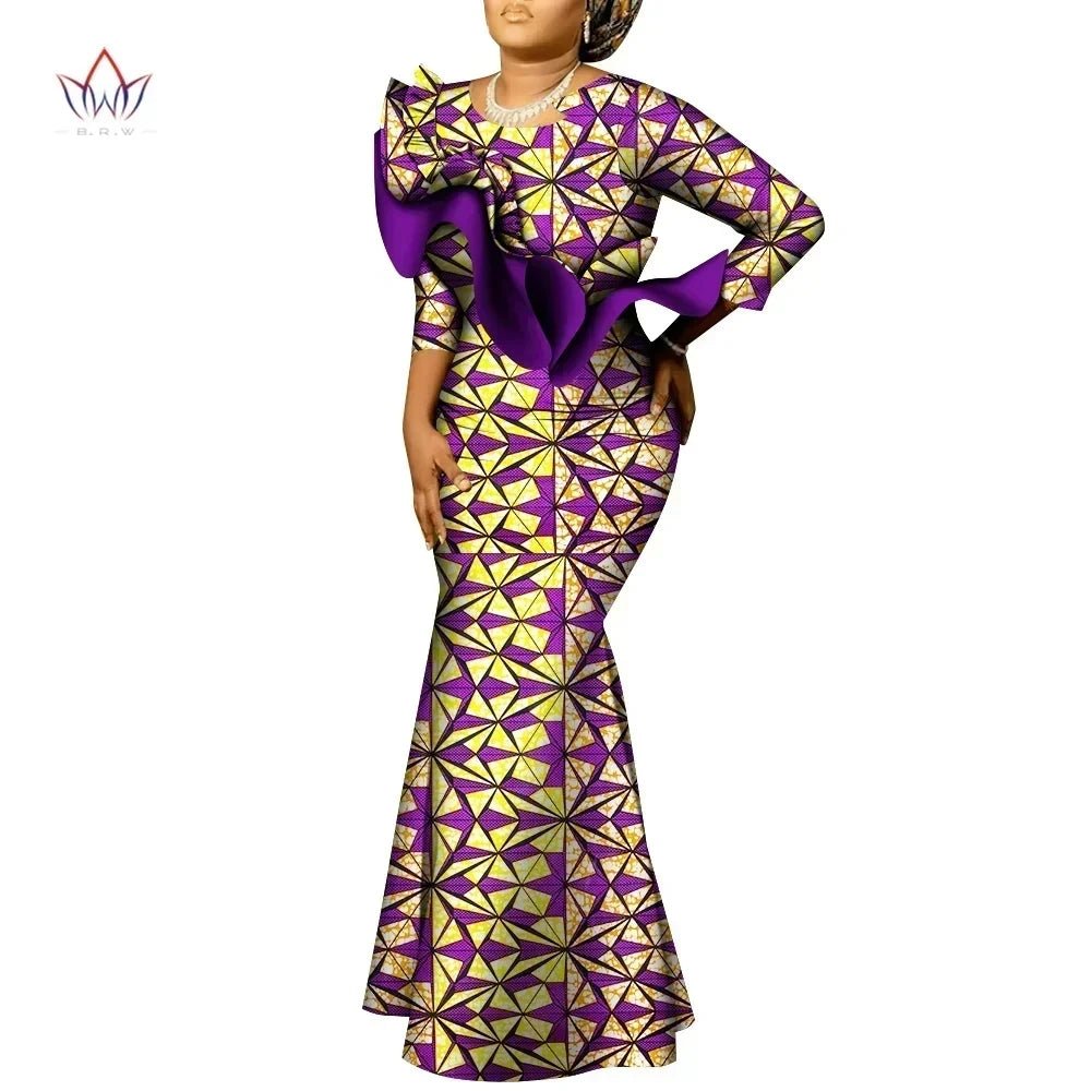 African Maxi Dress – Bazin Riche Cotton Wax Print, Nine - Point Sleeve Long Gown - Free Delivery Worldwide only at Flexi Africa