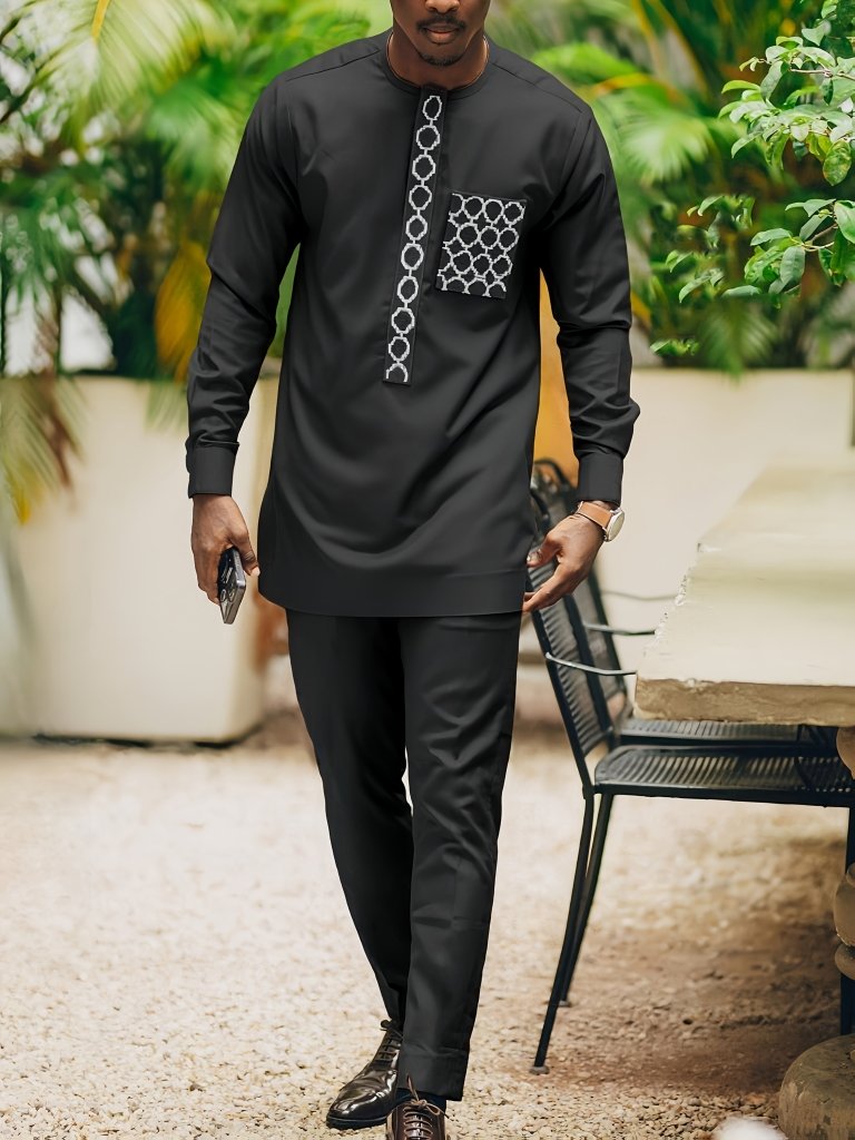 African Men’s Dashiki Outfit Set – Embroidered Round Neck Shirt & Elastic Waist Trousers (2PCS) - Free Delivery Worldwide only at Flexi Africa