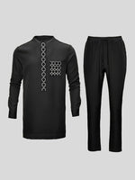 African Men’s Dashiki Outfit Set – Embroidered Round Neck Shirt & Elastic Waist Trousers (2PCS) - Free Delivery Worldwide only at Flexi Africa