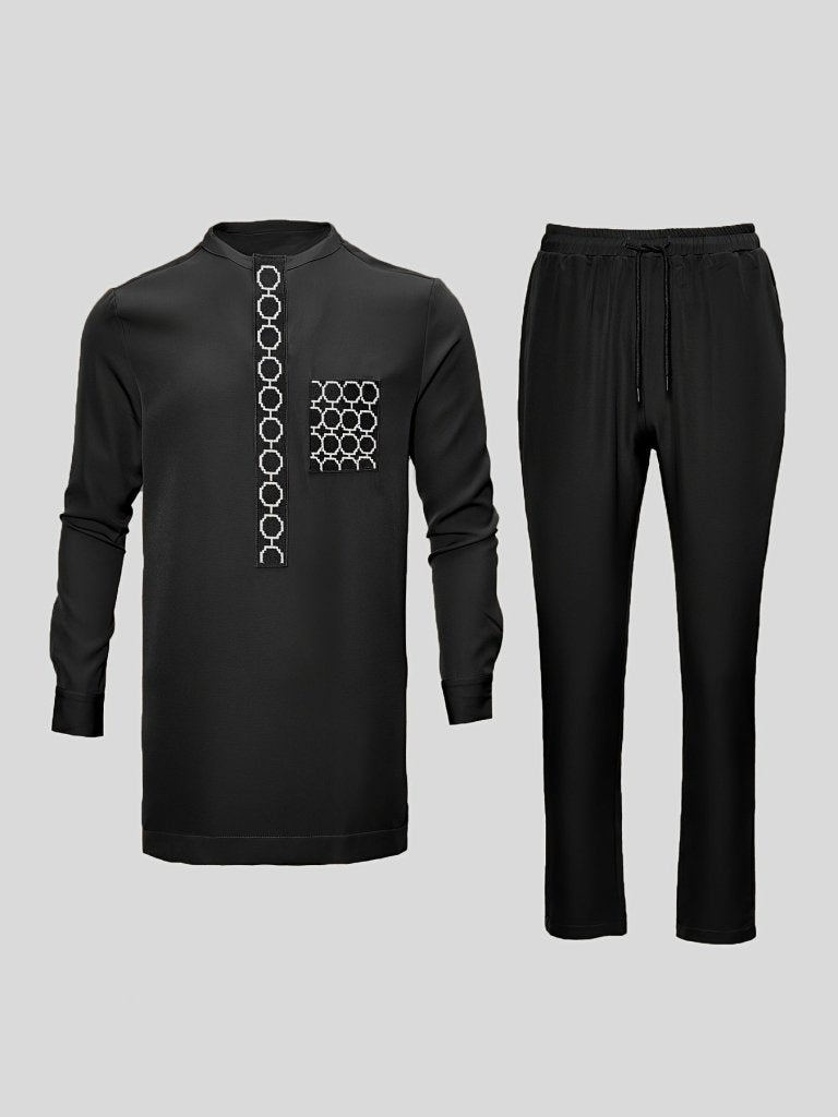 African Men’s Dashiki Outfit Set – Embroidered Round Neck Shirt & Elastic Waist Trousers (2PCS) - Free Delivery Worldwide only at Flexi Africa