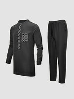 African Men’s Dashiki Outfit Set – Embroidered Round Neck Shirt & Elastic Waist Trousers (2PCS) - Free Delivery Worldwide only at Flexi Africa