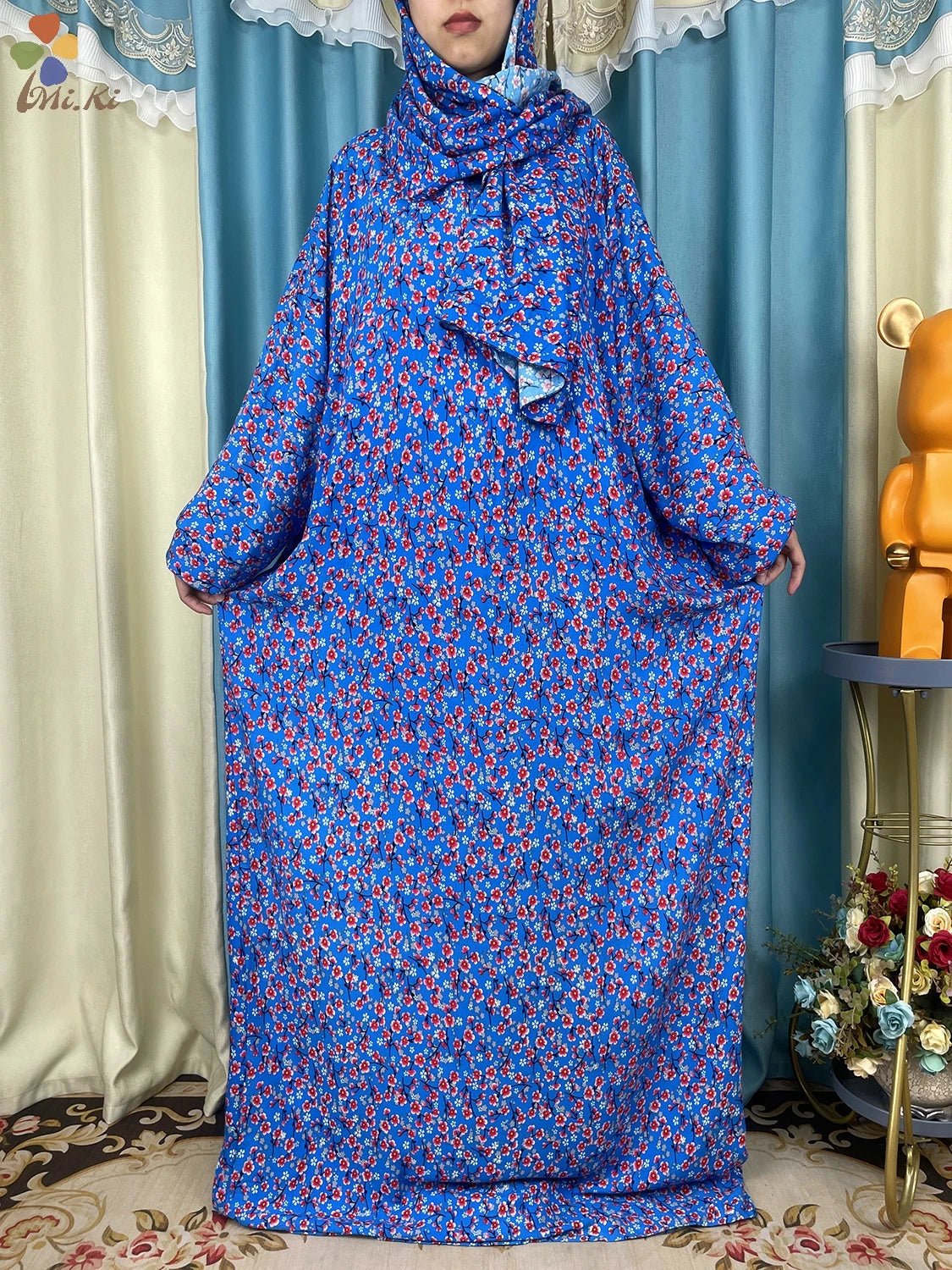 African Muslim Women Hooded Cotton Prayer Garment Kaftan With Hijab Floral Prints - Flexi Africa - www.flexiafrica.com