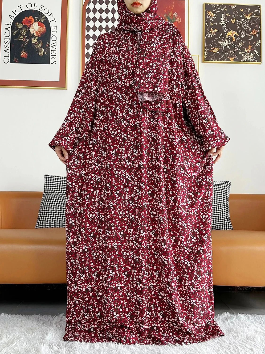 African Muslim Women Hooded Cotton Prayer Garment Kaftan With Hijab Floral Prints - Flexi Africa - www.flexiafrica.com