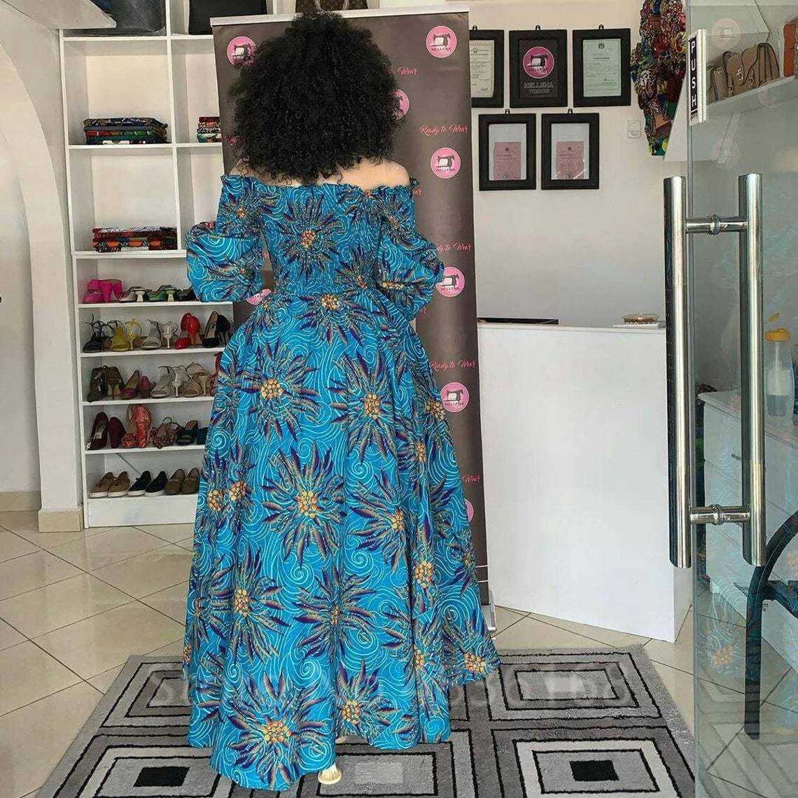 African National Print Party Dress Women Casual Sexy Slash - neck Lady Maxi Dress New Vintage Long - sleeved Loose Elegant Dresses - Free Delivery Worldwide only at Flexi Africa