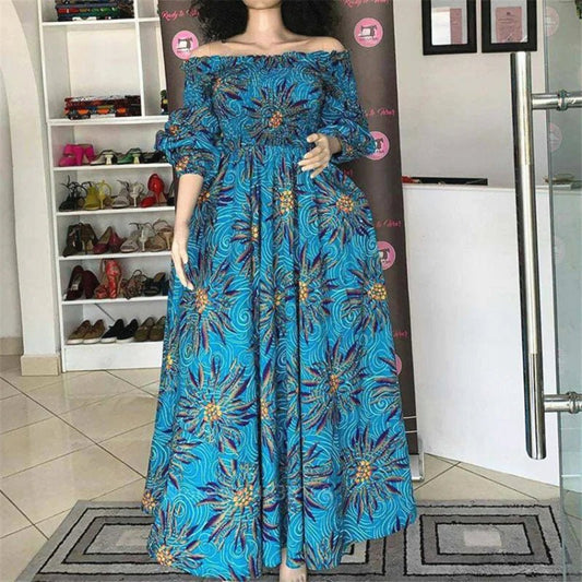 African National Print Party Dress Women Casual Sexy Slash - neck Lady Maxi Dress New Vintage Long - sleeved Loose Elegant Dresses - Free Delivery Worldwide only at Flexi Africa