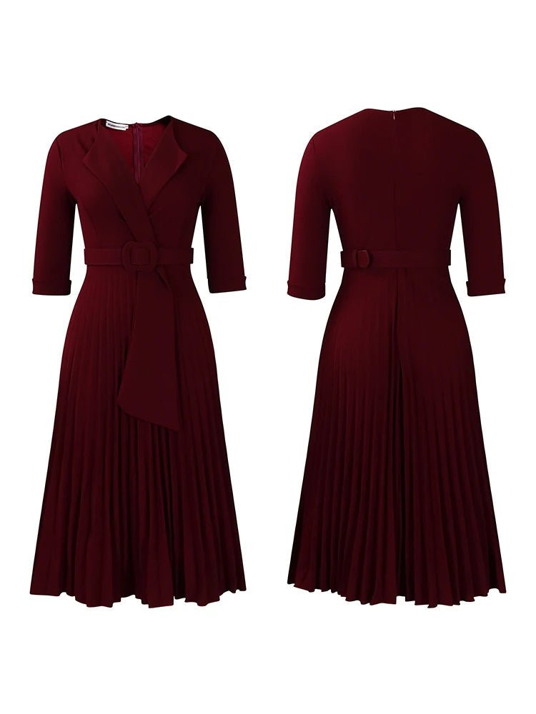 African Pleated A - Line Dress for Women – V - Neck High - Waist Office Dress with Belt - Free Delivery Worldwide only at Flexi Africa