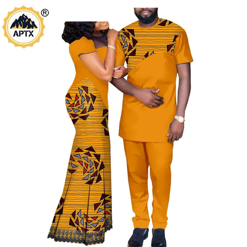 African Print Couple Set – Women’s Lace Dress Paired with Men’s Dashiki Shirt and Pants - Free Delivery Worldwide only at Flexi Africa