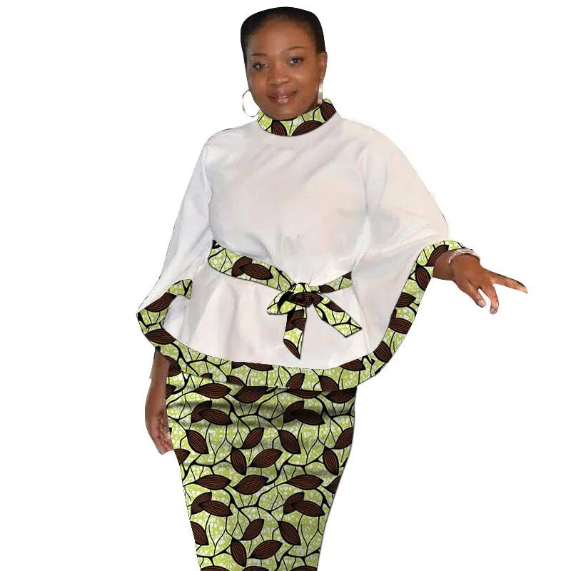 African Print Women’s Two - Piece Outfit – Tailored White Blouse and Belted Wax Skirt - Free Delivery Worldwide only at Flexi Africa
