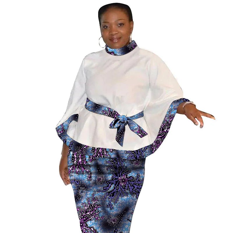African Print Women’s Two - Piece Outfit – Tailored White Blouse and Belted Wax Skirt - Free Delivery Worldwide only at Flexi Africa