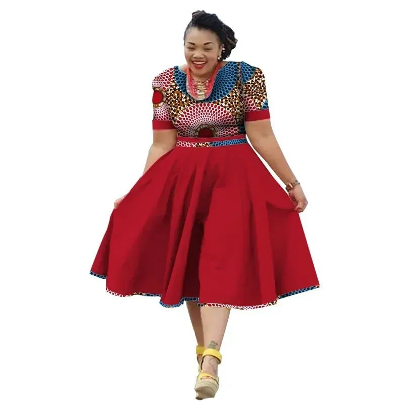 African Traditional Bazin Riche Dress for Women – Cotton Print Knee - Length Summer Wear - Free Delivery Worldwide only at Flexi Africa