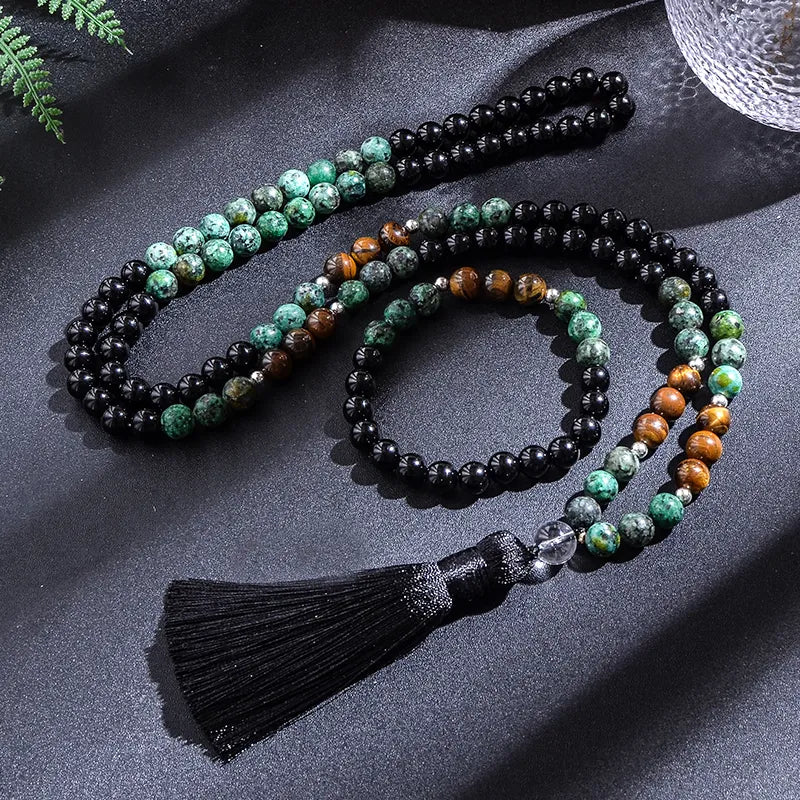 African Turquoise, Black Agate, and Yellow Tiger Eye Bead Japamala Meditation Necklace and Bracelet Set: Yoga Rosary Jewelry - Flexi Africa - Flexi Africa offers Free Delivery Worldwide - Vibrant African traditional clothing showcasing bold prints and intricate designs