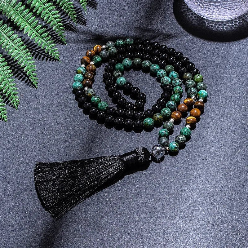 African Turquoise, Black Agate, and Yellow Tiger Eye Bead Japamala Meditation Necklace and Bracelet Set: Yoga Rosary Jewelry