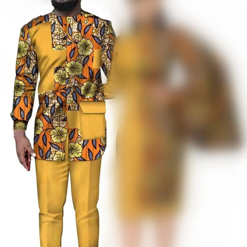 African Wedding Matching Outfit – Slim Women’s Dress and Men’s Patchwork Shirt with Pants - Free Delivery Worldwide only at Flexi Africa