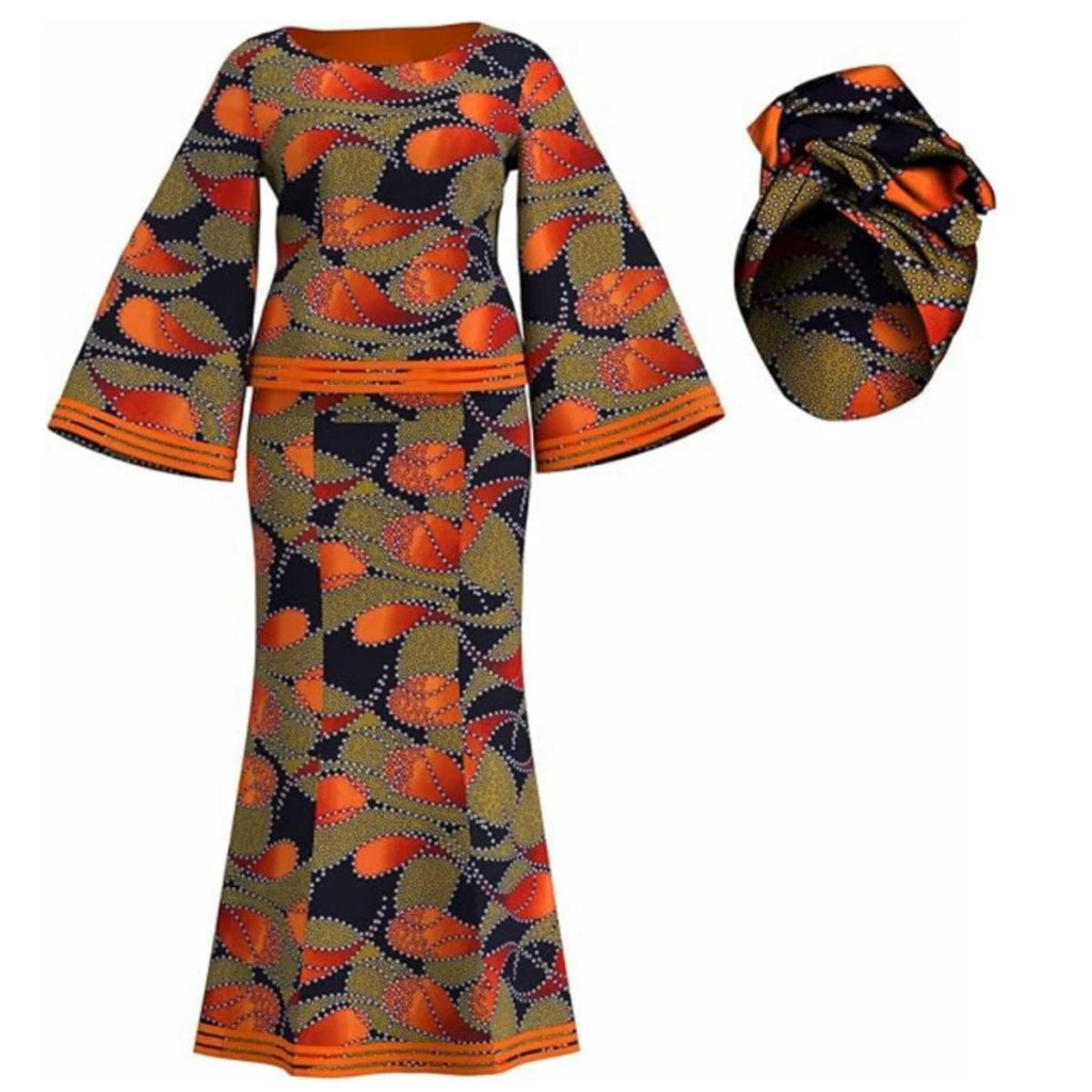 African Women’s Ankara Print 2PC Outfit – Long Sleeve Dashiki Top & Skirt Set with Matching Headwrap - Free Delivery Worldwide only at Flexi Africa