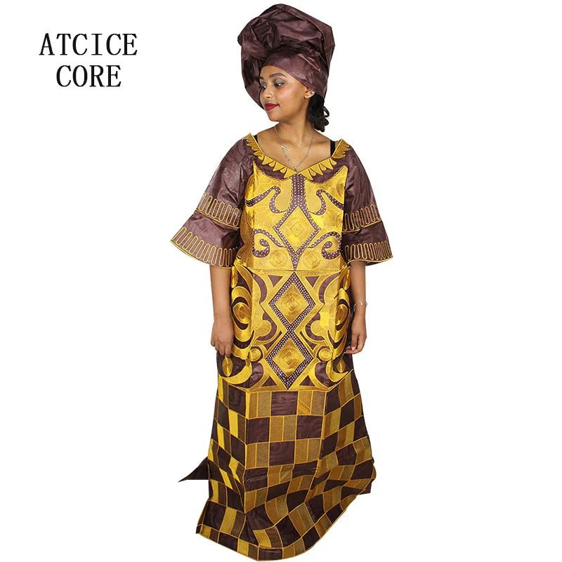 African Women's Bazin Riche Embroidered Plus - Size Long Dress with Matching Scarf - Free Delivery Worldwide only at Flexi Africa