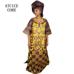 African Women's Bazin Riche Embroidered Plus - Size Long Dress with Matching Scarf - Free Delivery Worldwide only at Flexi Africa