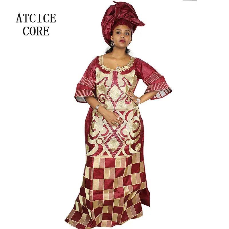 African Women's Bazin Riche Embroidered Plus - Size Long Dress with Matching Scarf - Free Delivery Worldwide only at Flexi Africa