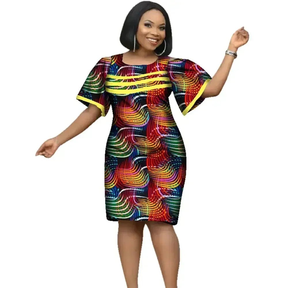 African Women’s Cotton Wax Print Dress – Dashiki Short Sleeve O - Neck Pencil Dress - Free Delivery Worldwide only at Flexi Africa